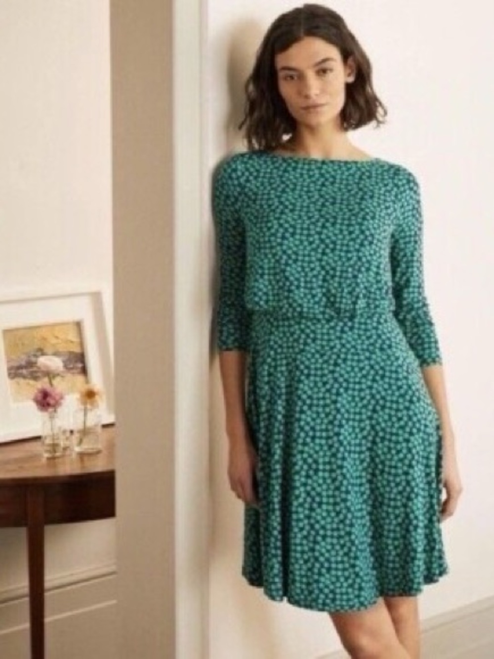 Boden 6 Floral Jersey Midi Dress Long Sleeve Stretchy Flowy Comfy Blouson Sleeve
